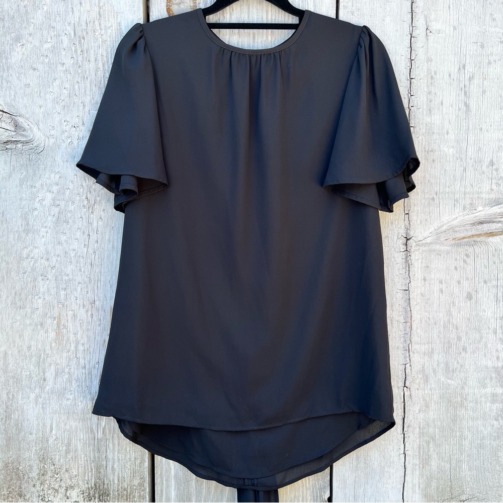 Badgley Mischka black ruffle short sleeve bowtie sash layered lined flowy blouse - Picture 1 of 15